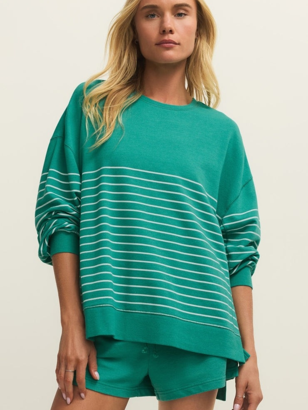 Z Supply Teal Green Striped Crew Sweater